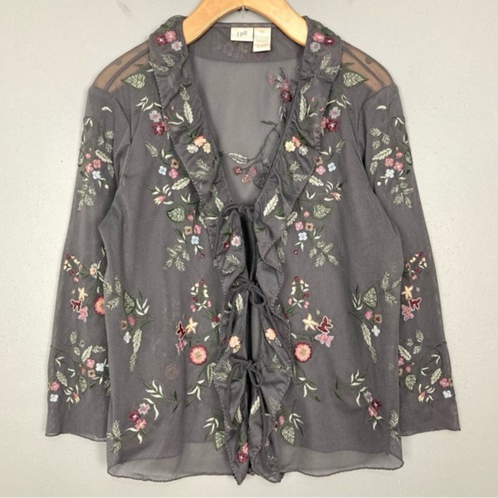 Vintage J Jill Embroidered Floral Mesh Ruffle Tie Front Blouse XS Forest Fairy